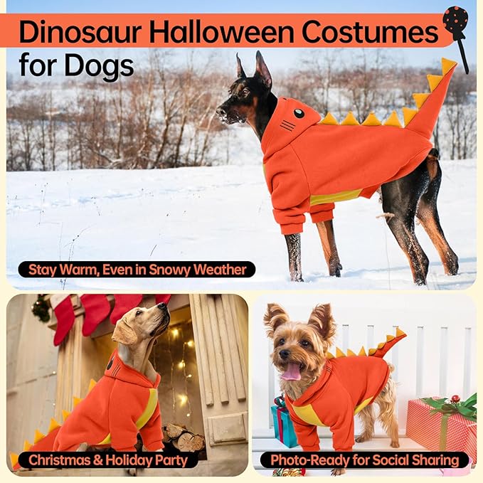 QBLEEV Dog Dinosaur Winter Coat, Warm Soft Knit Pullover Jacket with Hood for Cold Weather, Cozy Fleece-Lined Sweatshirt with 3D Dino Spikes, Stretchy Cute Pet Outerwear for Small Medium Large Dogs