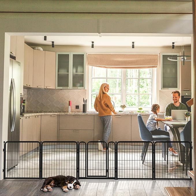 FXW Dog Gate Extra Wide Designed for Indoor Use, Adjustable Width Up to 137-inch Wide (24" H 6 Wire Panels for Puppies and Small Dogs), Black