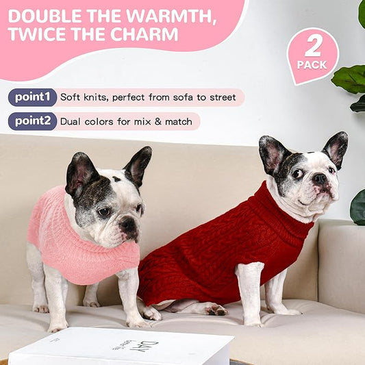 2 Pack Dog Sweaters for Medium Dogs Winter Turtleneck Pullover Cable Knit Fleece Stretch Frenchie Dachshund Pug Corgi Beagle Boy Girl Pet Clothes (M, Pink & Red)