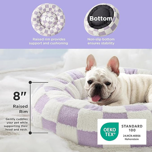 LE SURE Donut Medium Dog Bed - Round Cat Beds for Indoor Cats Calming Pet Beds, Cute Modern Beds with Jacquard Shaggy Plush & Anti Slip Bottom, 30 Inch, Purple