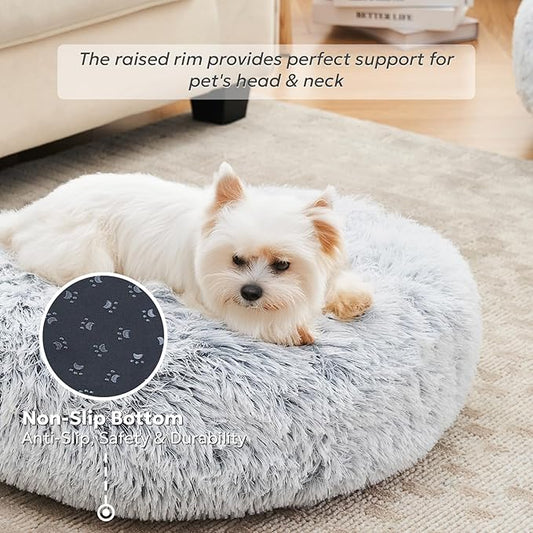 Calming Dog Bed for Small Dogs, 23 inches Puppy Bed Washable, Anti-Anxiety Donut Fluffy Dog Bed Indoor, Comfort Plush Faux Fur (Light Grey, 23")
