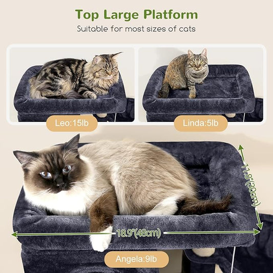 Globlazer Corner Cat Tree 66 inch Multi-Level Climbing Tower Kitty Condos Cat Scratching Tower for Indoor Multiple Cats with Large Platform, 3 Cat Caves, F66, Dark Grey