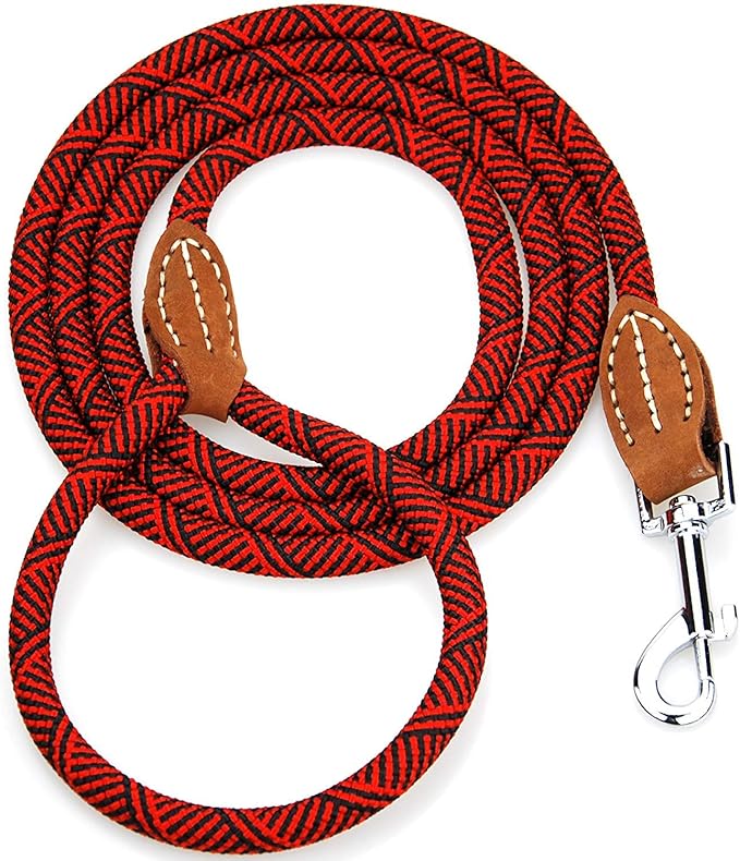 Mile High Life | Mountain Climbing Dog Rope Leash with Heavy Duty Metal Sturdy Clasp | Genuine Leather Tailored Connection with Strong Stitches (Red, 48 Inch (Pack of 1))