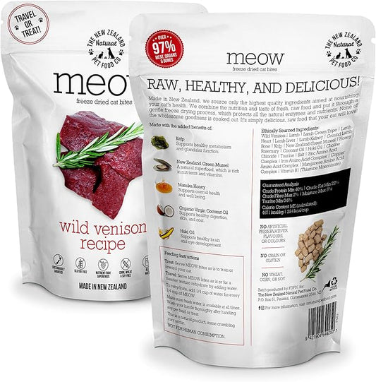 The New Zealand Natural Pet Food Co Meow Freeze Dried Cat Food - Wild Venison Recipe, High Protein Treats, Meals & Toppers, Dry Cat Food, 1.76 oz