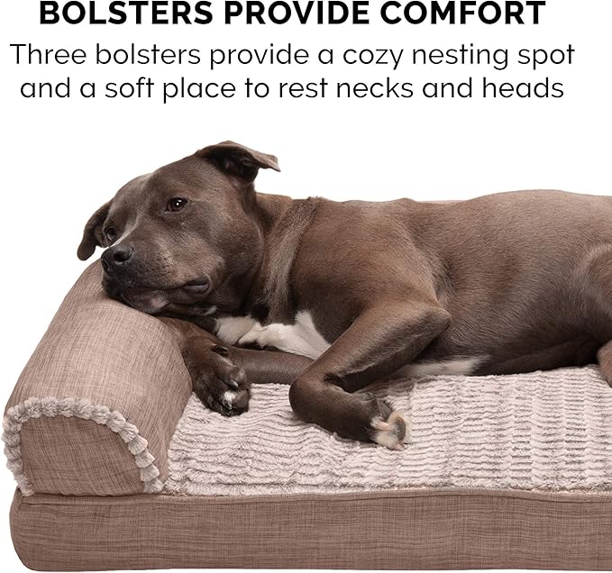Furhaven Memory Foam Dog Bed for Large Dogs w/ Removable Bolsters & Washable Cover, For Dogs Up to 95 lbs - Luxe Faux Fur & Performance Linen Sofa - Woodsmoke, Jumbo/XL, 40.0"L x 32.0"W x 8.0"Th