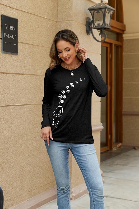 Women's Long Sleeve tees Cat Mom Graphic Tee Shirts Womens Graphic t Shirts Pullover Tops