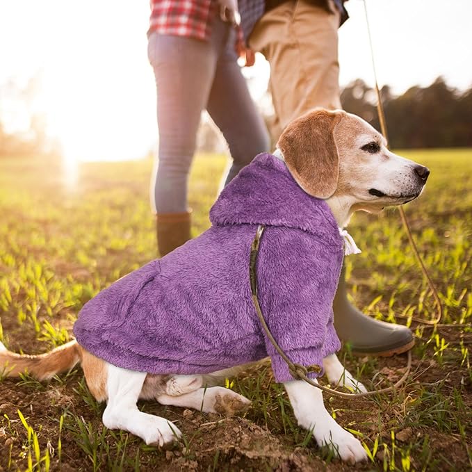 Dog Sweater,Dog Hoodies,Warm Fuzzy Fleece Sweatshirt with Hood & Pocket,Leash Hole,Cozy Cold Weather Pet Clothes Pet Sweater for Small,Medium,and Large Dogs(Purple,L)