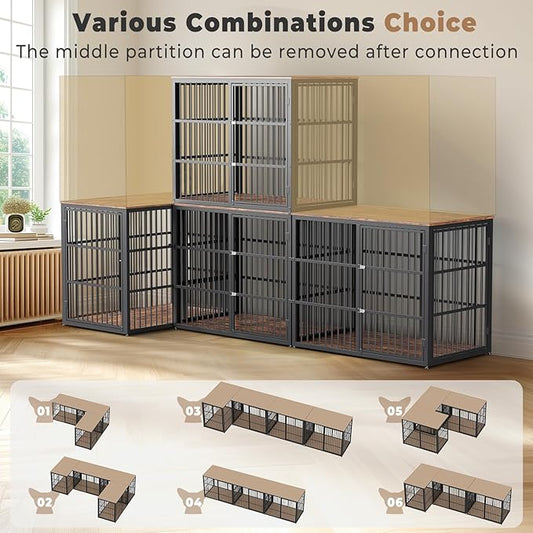 Lyromix 94.48'' Dog Crate Furniture Large Breed TV Stand with Double Rooms,Wooden Dog Kennel Dog Crate End Table with Removable Divider for Large Medium Dogs, Can Use Separately