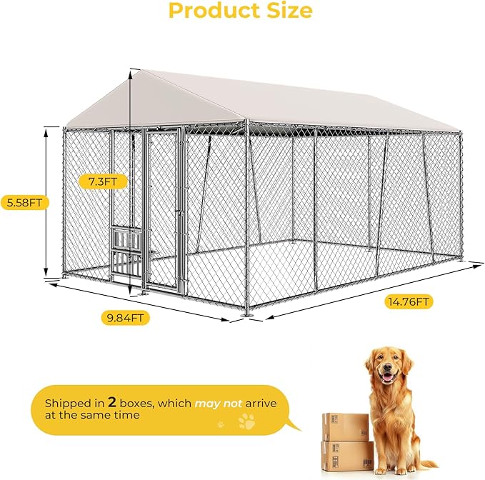 Lyromix 10 x 15FT Large Outdoor Dog Kennel with Bowls, Dog Kennel Outside with Waterproof Cover Roof, Galvanized Heavy Duty Chain Link Dog Runs Cage Playpen for Outside with Secure Lock