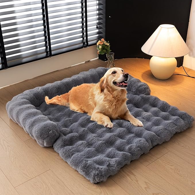 LiveGo Fuzzy Calming Dog Sofa Bed Mat, Washable Plush Couch Cover for Pets, Furniture Protector with Anti-Slip Bottom (Gray, 35.4"*35.4")