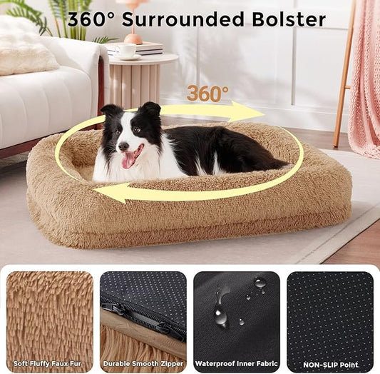 Calming Dog Beds for Large Sized Dogs - Orthopedic Fluffy Pet Bed, Donut Waterproof Pet Sofa with Washable Removable Cover, Supportive Egg Foam and Nonskid Bottom, Camel
