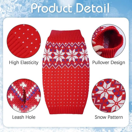 Kuoser Dog Christmas Sweater, Soft Warm Xmas Sweaters for Small Medium Large Dogs Boy Girl, Comfortable Dog Sweater with Leash Hole Snowflake Puppy Knit Outfit for Holiday Winter Fall, Red M