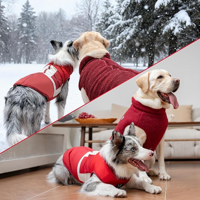 Reversible Dog Winter Coat, Waterproof Warm Fleece Sweater Windproof Lightweight Pet Snow Jacket for Medium Large Dogs with Double Ended Zipper, Cold Weather Dog Coat,Christmas Red, S