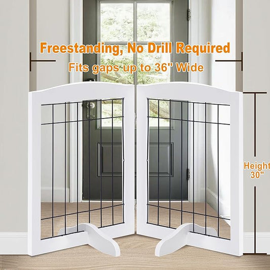 LZRS 2-Panel Freestanding Adjustable Wooden Dog Gate—30” Tall Foldable Pet Barrier with Support Feet, Solid Hardwood & Chew-Resistant Steel Wire for Doorways, Hallways, and Stairs, White