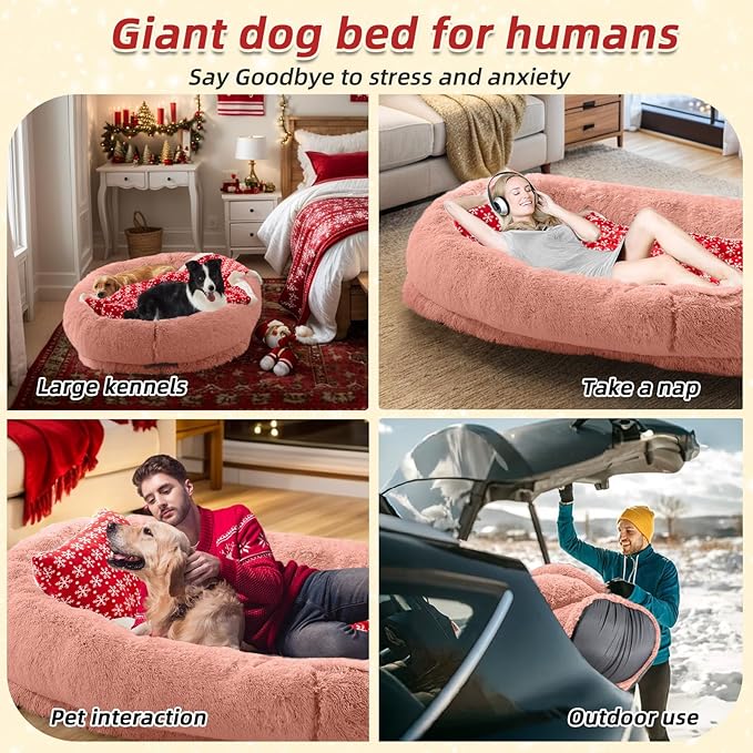 Human & Pets Washable Faux Fur Dog Bed - 71''x45''x12'' Orthopedic, Plump Pillow, Blanket, Strap - Pink
