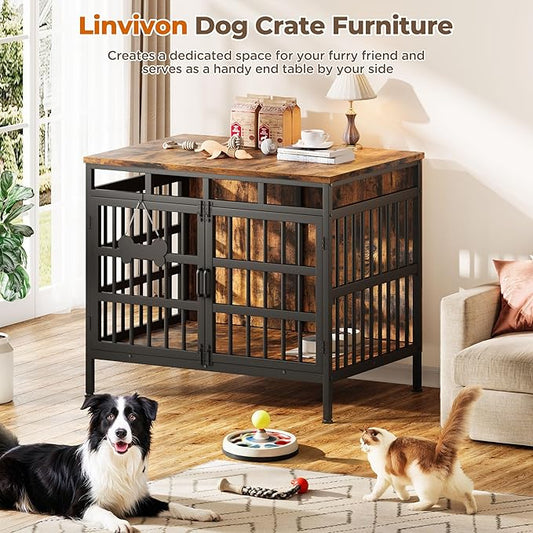 39 Inch Dog Crate Furniture, Heavy Duty Dog Kennel for Small Medium Large Dogs, Double Doors Indoor Decor Pet House Cage, Anti Escape Wooden Dog Cage with Name Tag End Table, TV Stand, Brown