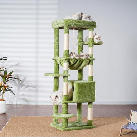 Heybly Cat Tree for Large Cats 20lbs Heavy Duty,60 inches XXL Cat Tower for Indoor Cats, Multi-Level Furniture Condo with Big Padded Plush Perch, Cozy Basket, Green HCT050GR