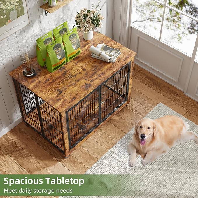 43" Movable Extra Large Dog Crate, Wooden Furniture Dog Crate with Top Access for Teasing/Feeding, 4 Rotating Wheels, Heavy-Duty Large Dog Kennel Indoor as End Table, Chew-Resistant, Brown