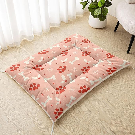 Dog Crate Bed Washable Crate Pad Pink Paws Bone Printed Soft Fluffy Pet Sleeping Mat for Large Medium Small Animals(Bone-3 S)