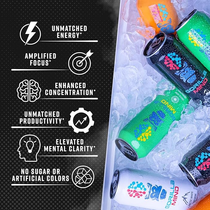 Gorilla Mind Energy Drink | Unmatched Energy · Amplified Focus | N-Acetyl-L-Tyrosine, Alpha-GPC, 200mg Caffeine, Uridine, Saffron | 0 Sugar Or Artificial Colors | 16oz, 12-Pack (Orange Rush)