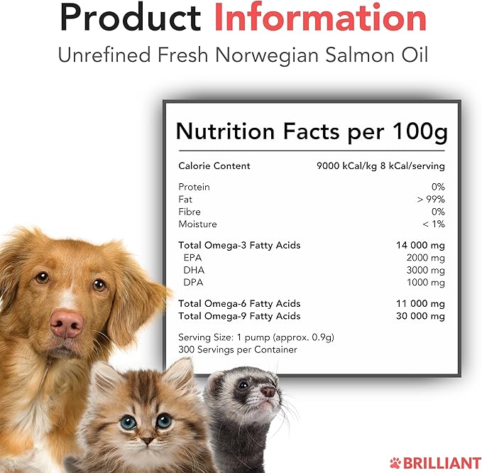 Brilliant Salmon Oil for Dogs, Cats & Puppies | Omega 3 Fish Oil Liquid Supplement with DHA, EPA Fatty Acids | Supports Skin and Coat, Immune System & Joint Function | Hofseth BioCare (10oz)