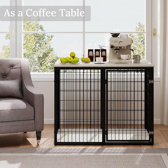48" Dog Crate Furniture for Medium Large Dogs, Indestructible Large Dog Kennel Indoor with 3 Doors, Wooden Dog Cage Side End Table, Heavy Duty XL Dog Crate, Gray