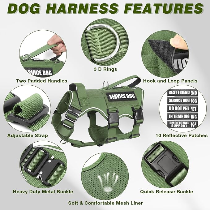 Tactical Service Dog Vest Harness and Leash Set,Heavy Duty Dog Harness with Metal Buckles for Medium Sized Dogs,Adjustable No Pull Pet Vest with Patches for Training Working Hiking,Green M