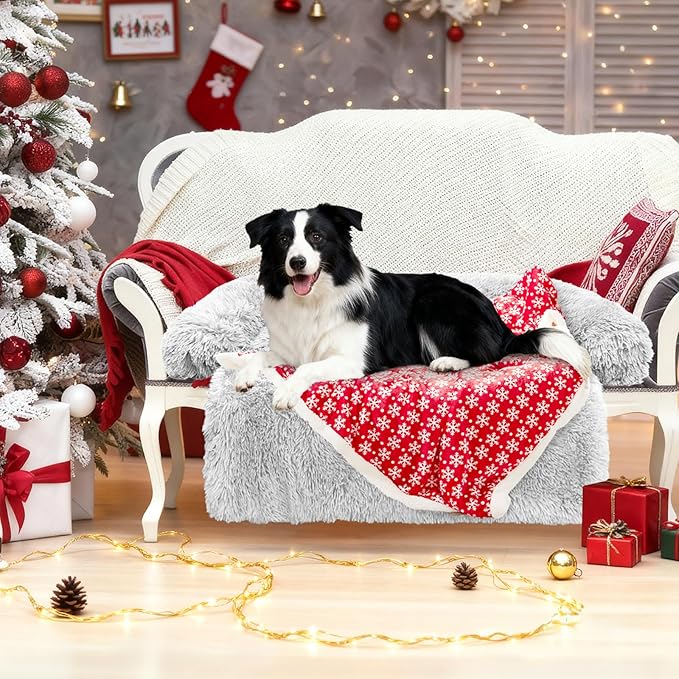 GGIB Calming Dog Bed Christmas Throw Blanket Fluffy Plush Dog Mat for Furniture Protector Decoration Holiday Throw Sofa Couch Cover for Large Medium Small Dogs Cats (Medium, Light Grey)