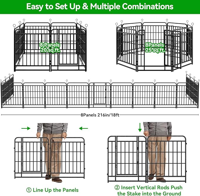 Dog Fence Outdoor 8 Piece Panels 47" Height, Square Steel Pipe with Reinforced Crossbars, Anti-Rust Heavy Duty Dog Playpen with Doors Portable for Yard RV Camping, Total 18FT, 25 Sq.ft, Snowy Black