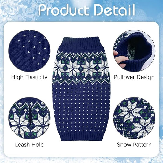 Kuoser Dog Christmas Sweater, Soft Warm Xmas Sweaters for Small Medium Large Dogs Boy Girl, Comfortable Dog Sweater with Leash Hole Snowflake Puppy Knit Outfit for Holiday Winter Fall, Blue XS