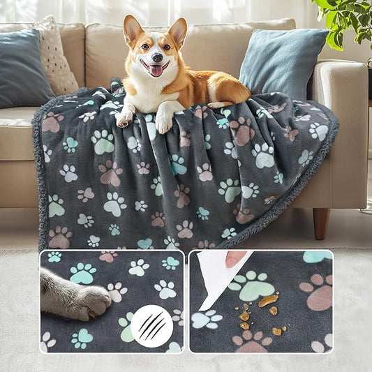 Luciphia Waterproof Pet Blankets for Couch Sofa Bed Cover Cat Liquid Pee Proof Washable Soft Fluffy Large Dog Blanket Reversible Furniture Protection Puppy Grey Paw Thicken X-Large(85" x 57")