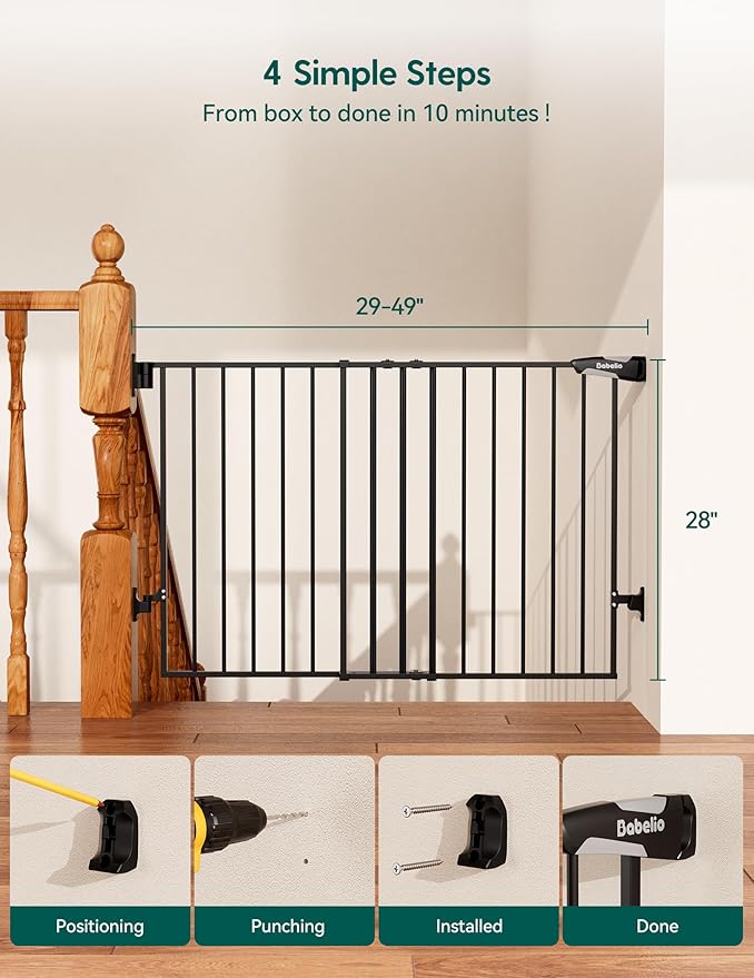 Babelio Baby Gate for Stairs, Kitchen & Doorways, No Bottom Bar| Easy Installation| One-Handed Operation| Auto-Close| Hardware Mount (Drill Needed) Safety Dog Gate (Black-B17, 29-49" W, 28" H)