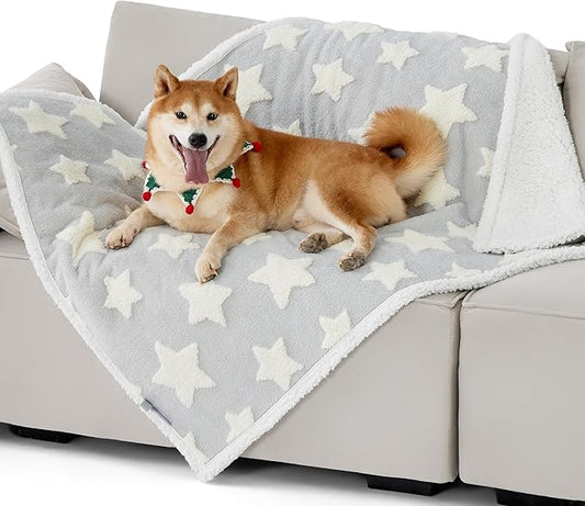 LE SURE Waterproof Dog Blanket for Large Dogs - Washable Double Sided Dog Blankets with Warm Jacquard Shag and Soft Sherpa Fleece, Pet Cat Blanket for Couch Protection, 3D Textured Star, Grey
