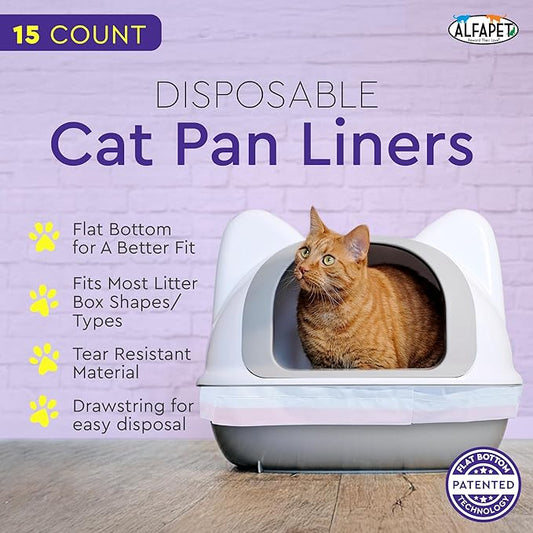 Cat Litter Box Liners Alfapet Heavy Duty Flat Bottom- Extra Giant 15 Count - Tear-Resistant Cat Litter Bags - Kitty Litter Liners for Rectangular Litterbox Pans, 36” x 18” x 2MIL Thick 30 lb Capacity