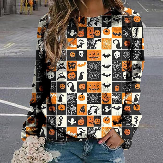 MARSVOVO Fall Sweatshirt for Women Novelty Spider Web Shirt Dressy Casual Crewneck Tunic Tops Spring Graphic Pullover