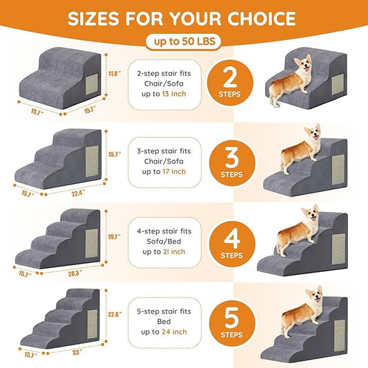 Pet Stairs, Dog Stairs for Small Dogs, Dogs Steps, 5-Step Curved Dog Ramp for Bed, Couch, Sofa, Car and Chairs, Non-Slip Bottom Design, Cat Scratching Board, High Density Foam Portable Pet Step, Grey