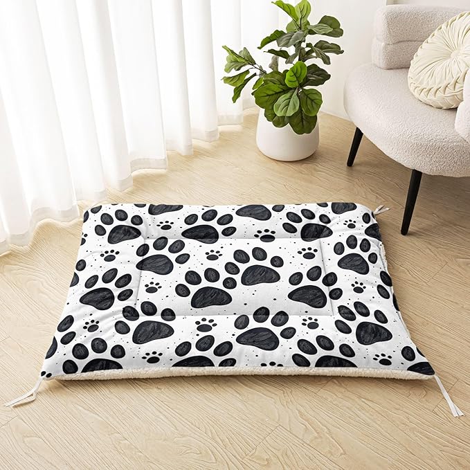 Dog Crate Bed Washable Crate Pad Cartoon Black Paw Printed Soft Fluffy Pet Sleeping Mat for Large Medium Small Animals(Paw-3 L)