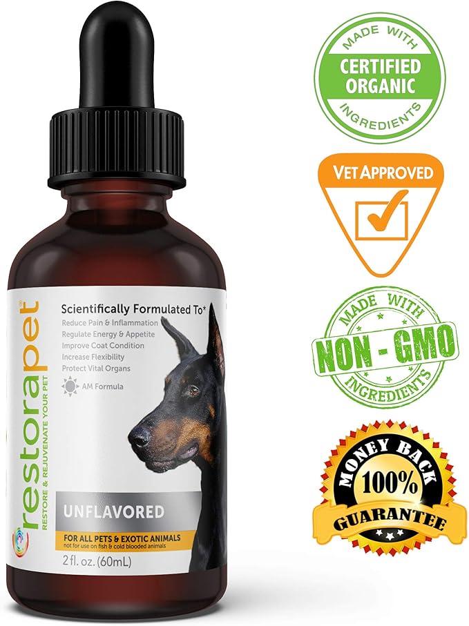 RestoraPet 1-Pack Dog & Cat Unflavored Liquid Multivitamin | Dog Arthritis Pain Relief | Hip&Joint Vitamins for Dogs | Anti Inflammatory Supplement for Dogs & Cats | Organic & Non-GMO, Vet Approved