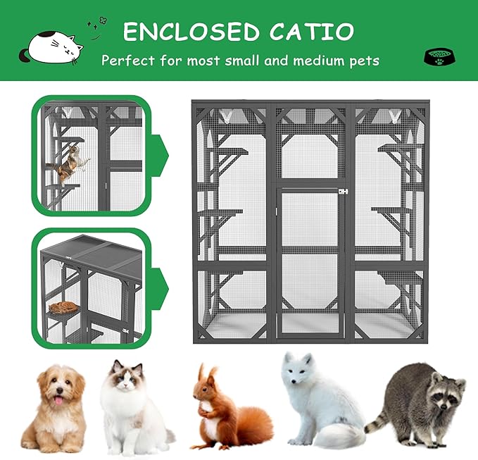 Ball & Cast 59" Wooden Catio Enclosure Outdoor Cat House with Anti-UV& Waterproof, Platforms and Resting Boxes Walk-in Cat Kennel Shelter for Indoor,Dark Grey