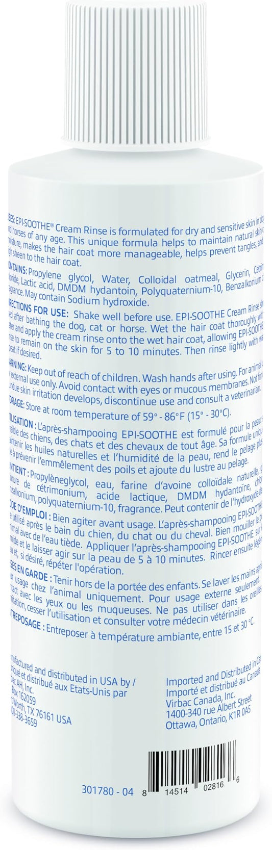 Virbac Epi-Soothe Cream Rinse Pet Conditioner For Dogs, Cats & Horses (16 oz) - For Dry or Sensitive Skin