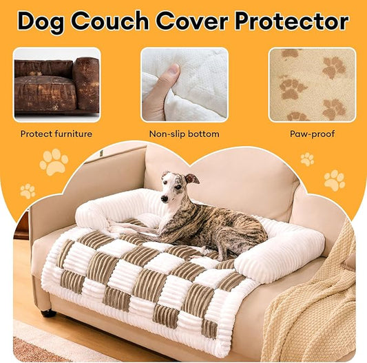 FUNNY FUZZY Pet Couch Covers for Sofa, Large Dog Couch Bed Cover Cream Square Plaid Washable Pet Mat for Furniture Protector Sofa Cover for Dogs, Large, Light Brown