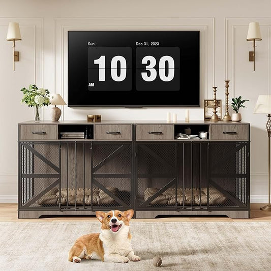44" Large Dog Crate Furniture, Wooden Heavy Duty Dog Kennel TV Stand with 2 Drawers, Indoor Multi-Functional Decorative XL Furniture for Medium & Large Breeds, Grey