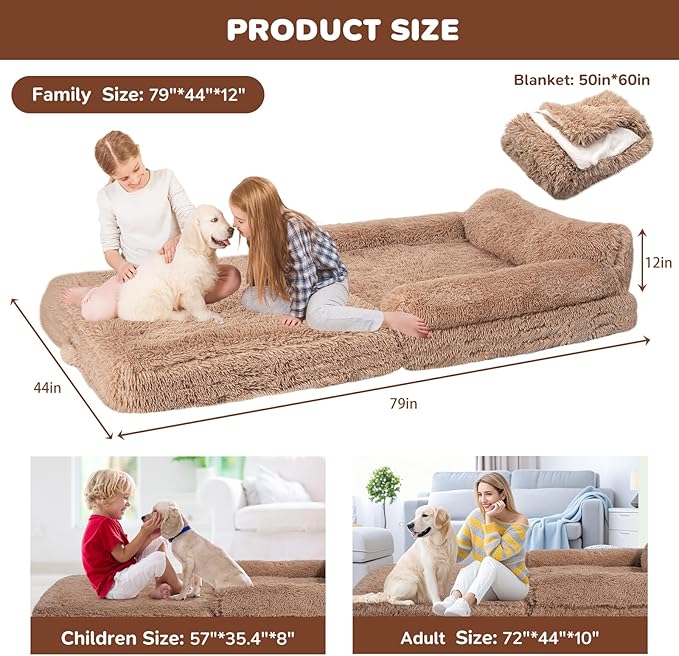 Foldable Human Dog Bed for Adults, Fluffy Human Sized with Blanket, Orthopedic Washable Dog Bed with Memory Foam and Water Repellent Liner Large for Pet (Brown, Family Size (79*44*12 inch))
