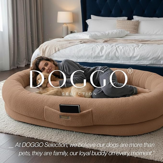 Human Dog Bed for Adults & Pets – Extra Large Cozy Lounger with Ultra-Soft Plush Fabric, Premium Egg Crate Foam & Removable Washable Cover – Oversized Pet Bed for Relaxation & Bonding (Brown & Beige)