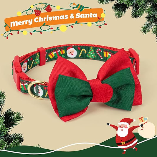 azuza Christmas Dog Collar Santa Print Xmas Pet Collar with Removable Red and Green Bowtie, Adjustable Dog Collar Accessories for Medium Dogs
