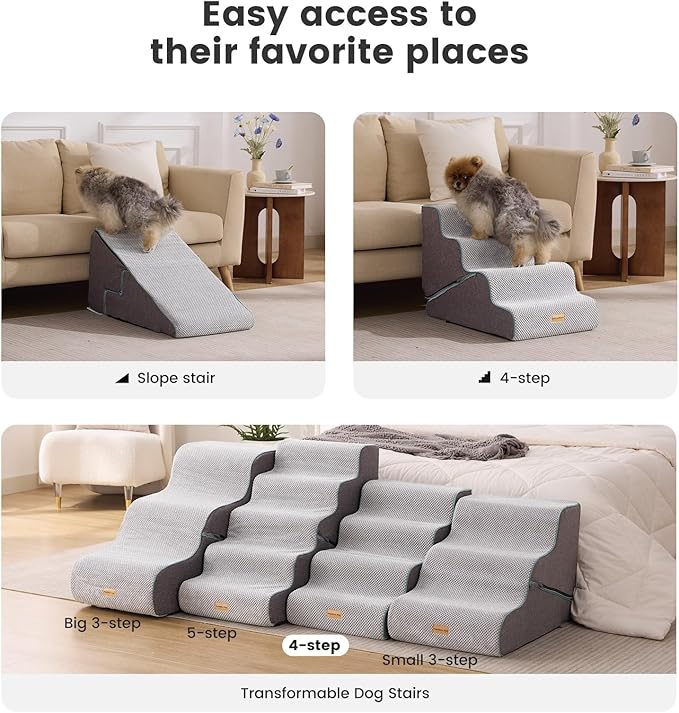 Gardner Pet Dog Stairs for Small Dogs 17.5" H, 2 in 1 Transformable 4-Step Pet Stairs and ramp, Dog Steps for Couch bed (19~22 in) with Durable Non-Slip Waterproof Cover and CertiPUR-US Certified Foam