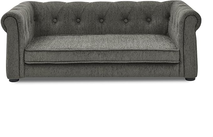 GDFStudio Modern Linen Dog Sofa for Small and Medium Dogs Elevated Pet Bed with Armrests and Backrest Durable and Comfortable Upholstered Pet Furniture, Dark Gray