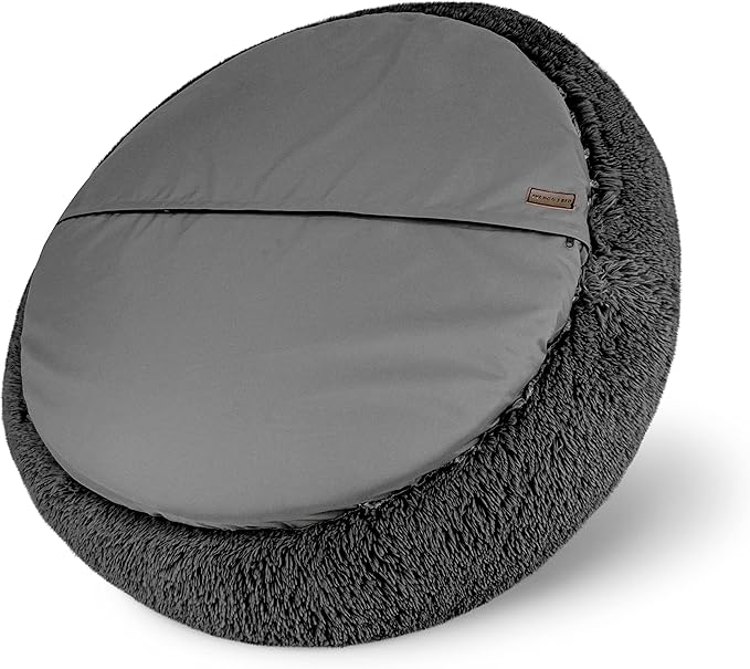 The Dog’s Bed Sound Sleep Donut Dog Bed, XL Dark Grey Fur Calming Nest Bed Removable Cover, Veterinary Approved
