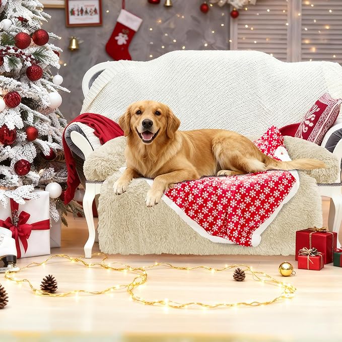 GGIB Calming Dog Bed Christmas Throw Blanket Fluffy Plush Dog Mat Furniture Protector Decoration Holiday Throw for Sofa Couch Cover Large Medium Small Dogs Cats (Extra Large, Beige)