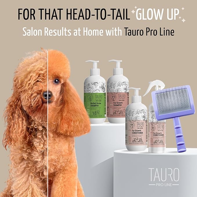 Tauro Pro Line Slicker Dog Brush for Shedding - Detangler for Long or Wavy Hair, Removes Undercoat & Mats - Pet Brush for Dogs & Cat Grooming, Non-Slip Grip, Soft Pin (Size L - Purple)